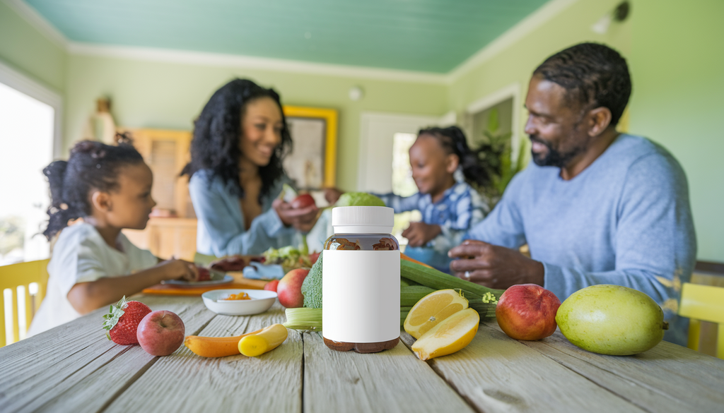 A family gathered around a table with fruits, vegetables, and a nutritional supplement bottle in a serene home setting.