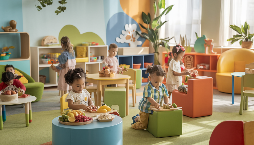 A diverse group of children engaging in playful and educational activities in a nurturing environment with natural light, surrounded by vibrant fruits and omega-rich foods.