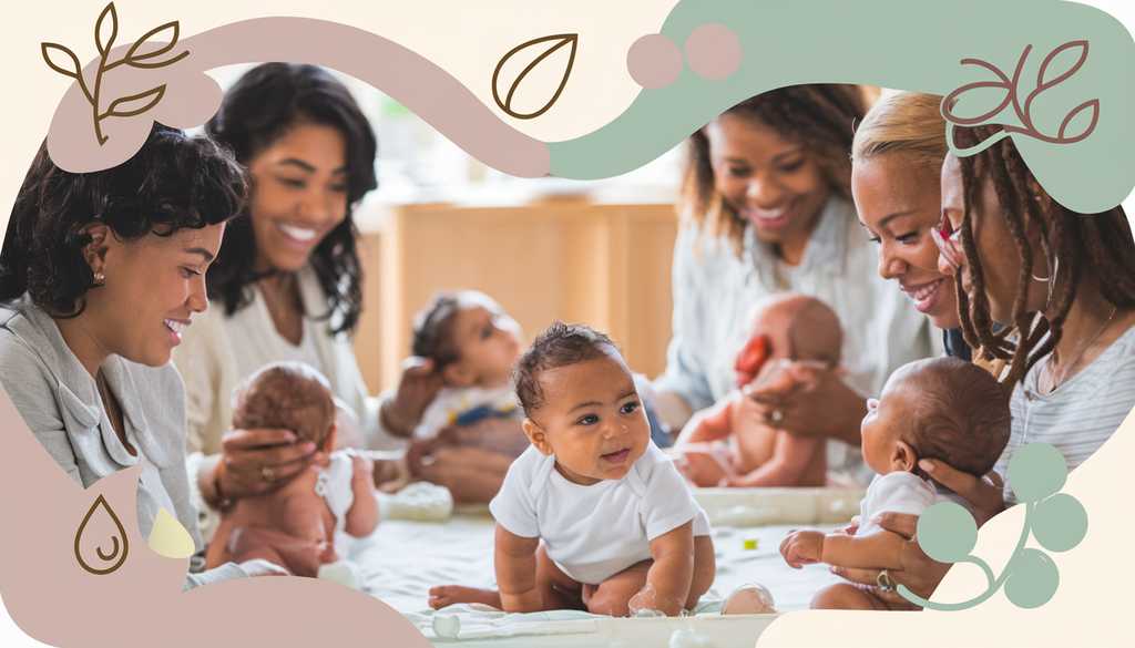 A serene scene of diverse parents and caregivers interacting with happy infants in a warm, inviting environment, symbolizing growth with pastel colors and nature-inspired motifs.